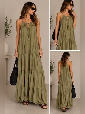 Zara Olive Green Halter-Tie Tiered Maxi Dress